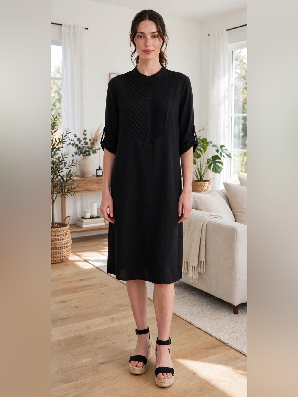 Lark & Ro Black Pleated Front Long Sleeve Shift Dress